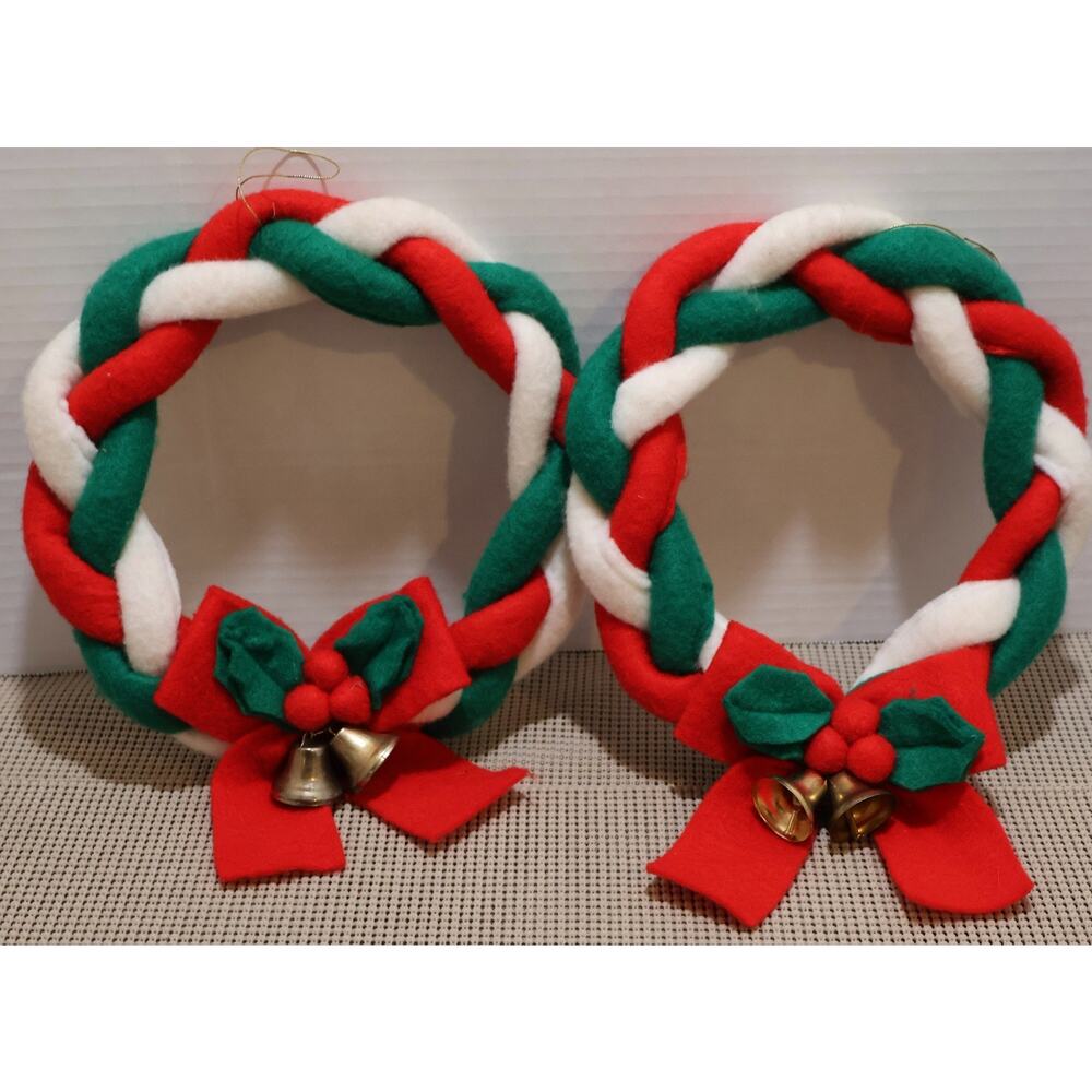 Handmade Christmas Wreaths Felt Fabric Pair Braided Jingle Bells Holly Vintage